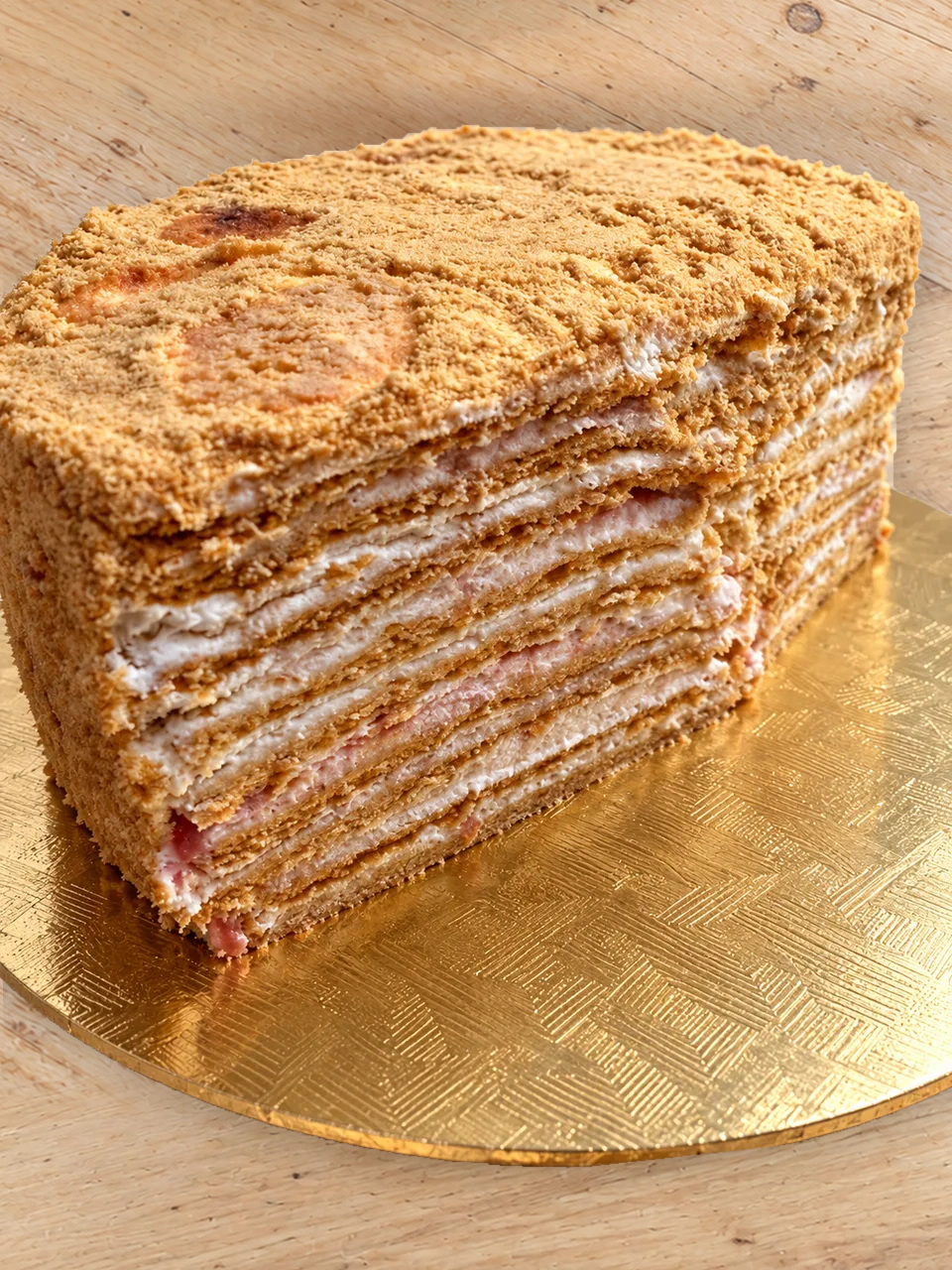 Hand-layered cream cake showing its delicate pastry layers
