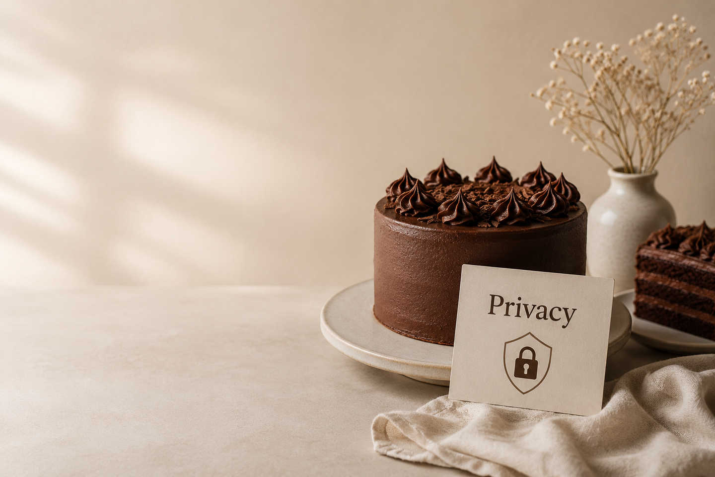 Chocolate cake beside a privacy card.